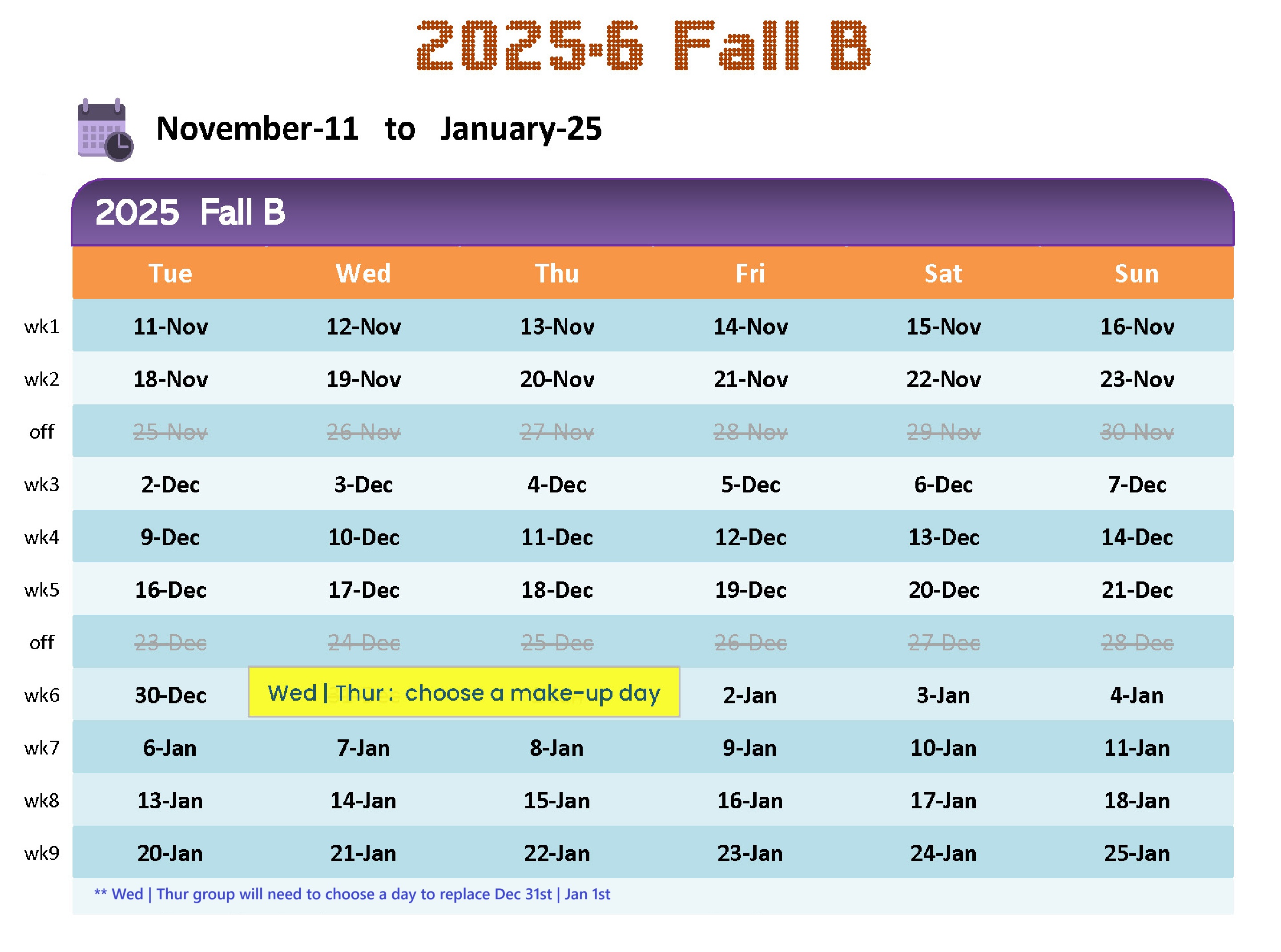 2025-26 Fall B Calendar