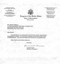 Rewarding Letter From USA Congressionman